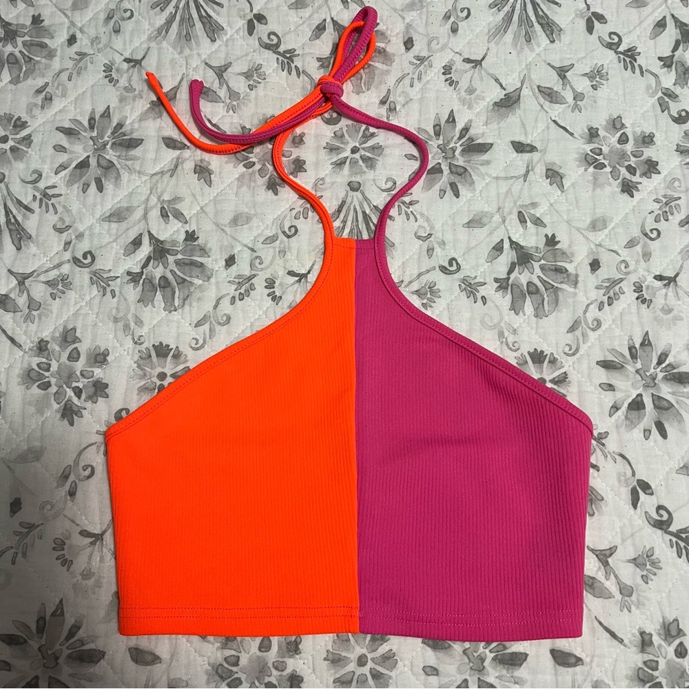 SHEIN Privé Two Tone Pink & Orange Tie Backless Cropped Halter Top S